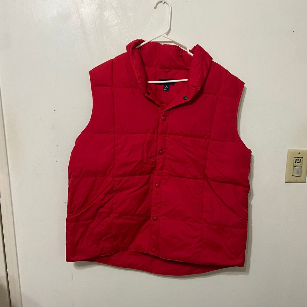 Lands End Red Puffer Goosedown Vest‎ Full Snap Quilted Collared Men Size L